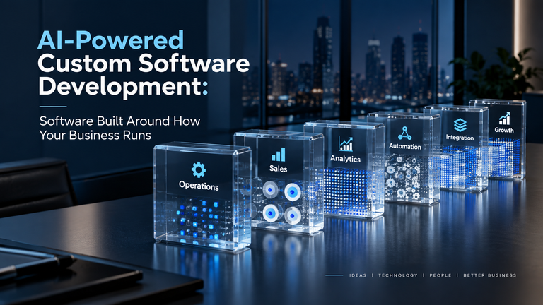 AI-powered custom software development visual featuring a glowing AI cube one after the other labeled Operations, Sales, and Analytics in a modern office at night, with neon blue data streams and a city skyline in the background by AiVORA Techlabs.
