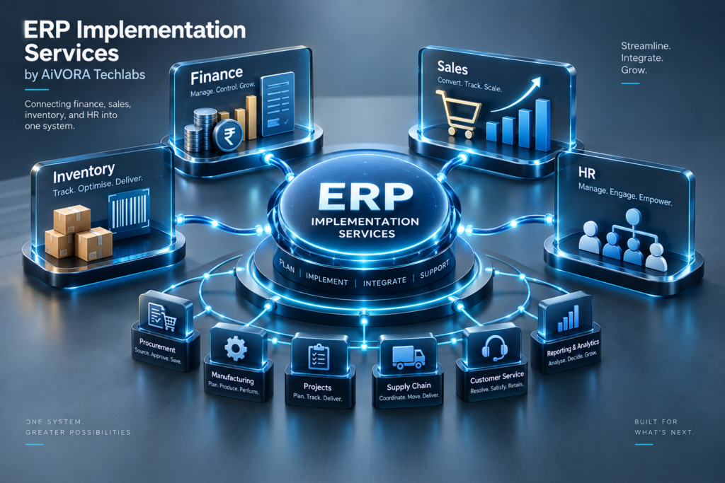 ERP implementation services connecting finance, sales, inventory, HR, procurement, manufacturing, supply chain, and business analytics through one integrated ERP system by AiVORA Techlabs.
